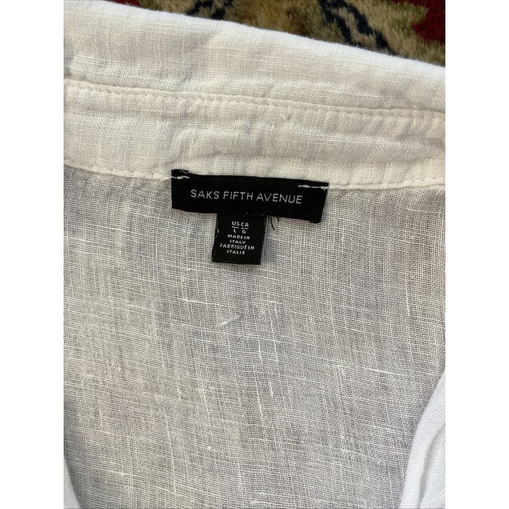 Saks Fifth Avenue L 100% Linen White Dress Button Down Tiered Ruffle Pocket Boho - Picture 7 of 11